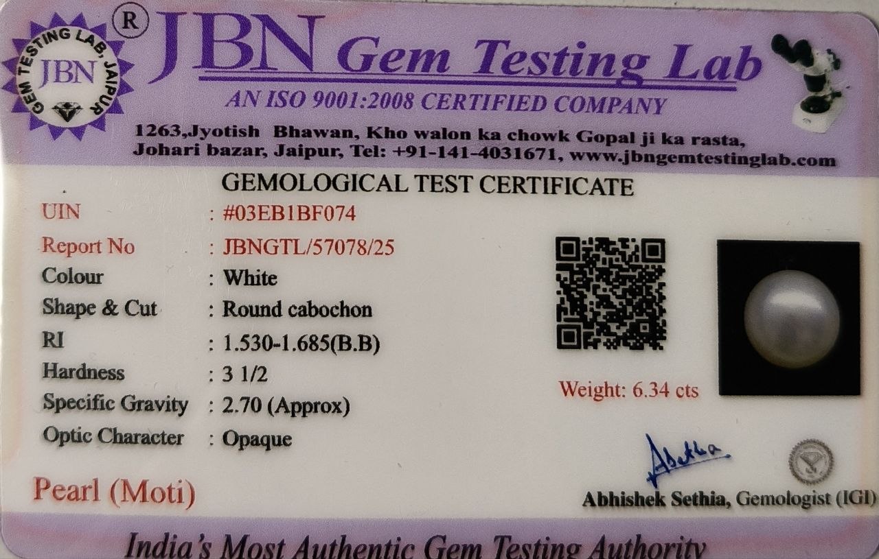 Natural White Pearl (Moti) Gemstone - 6.34 Carats