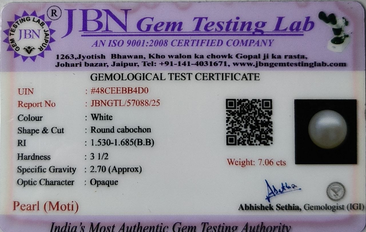 Natural White Pearl (Moti) 7.06 Carat Certified Gemstone
