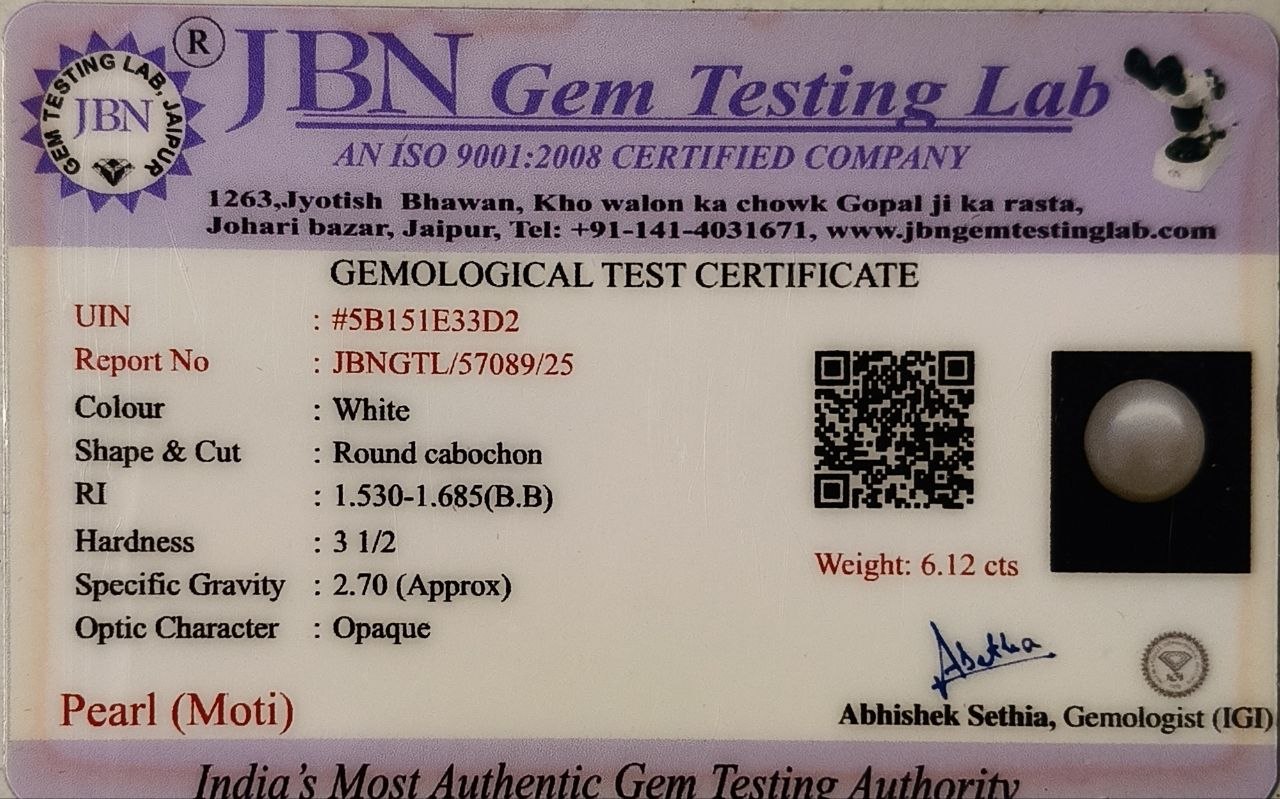Natural White Pearl (Moti) 6.12 Carat Certified Gemstone