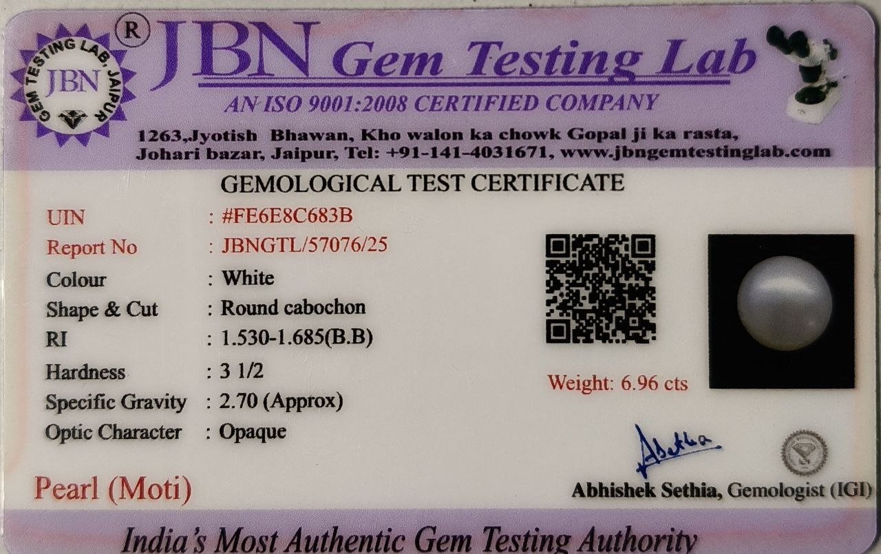 Natural White Pearl Moti 6.96 Carat Certified
