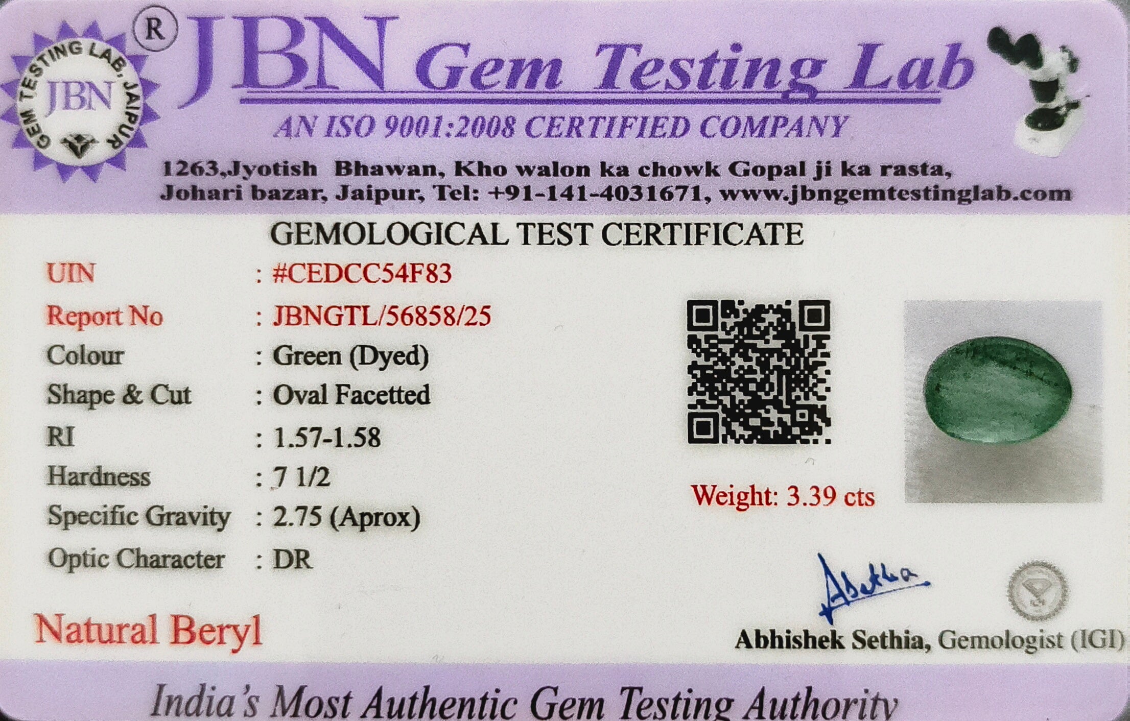 Natural Green Beryl 3.39 Carat - Oval Faceted Lab Certified