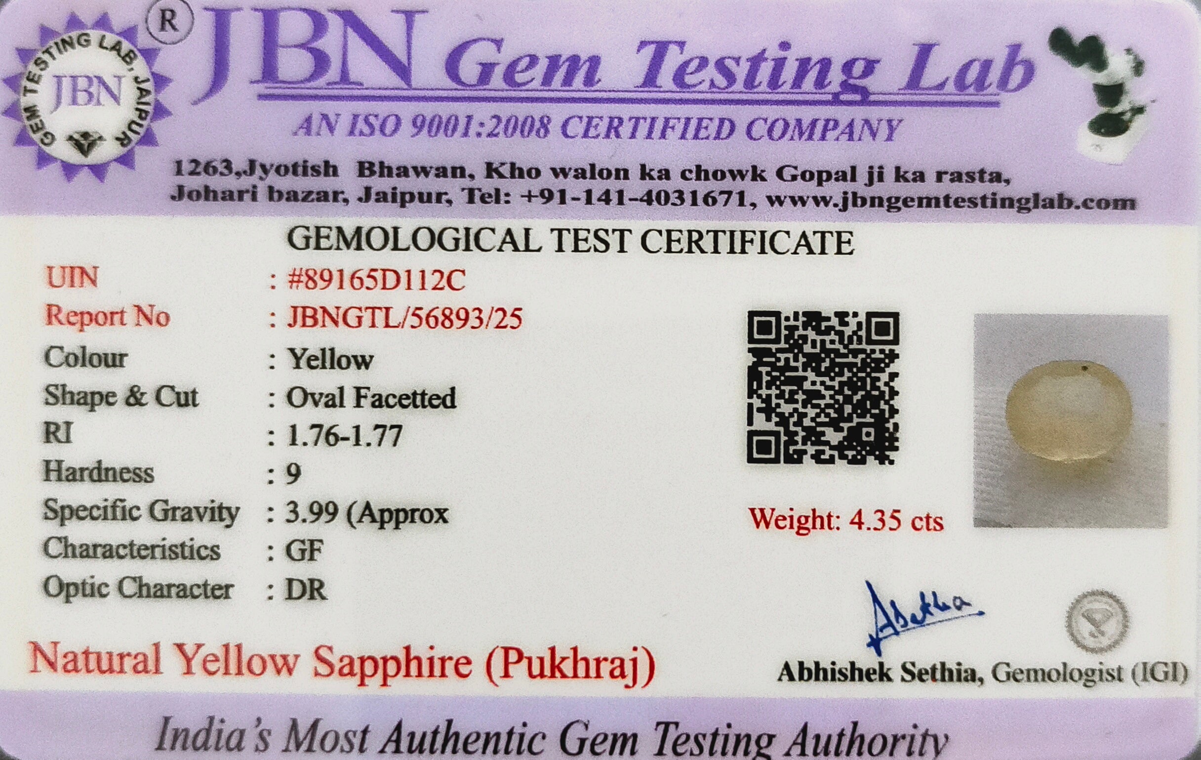 Yellow Sapphire (Pukhraj) Bangkok 4.35 Carat Certified