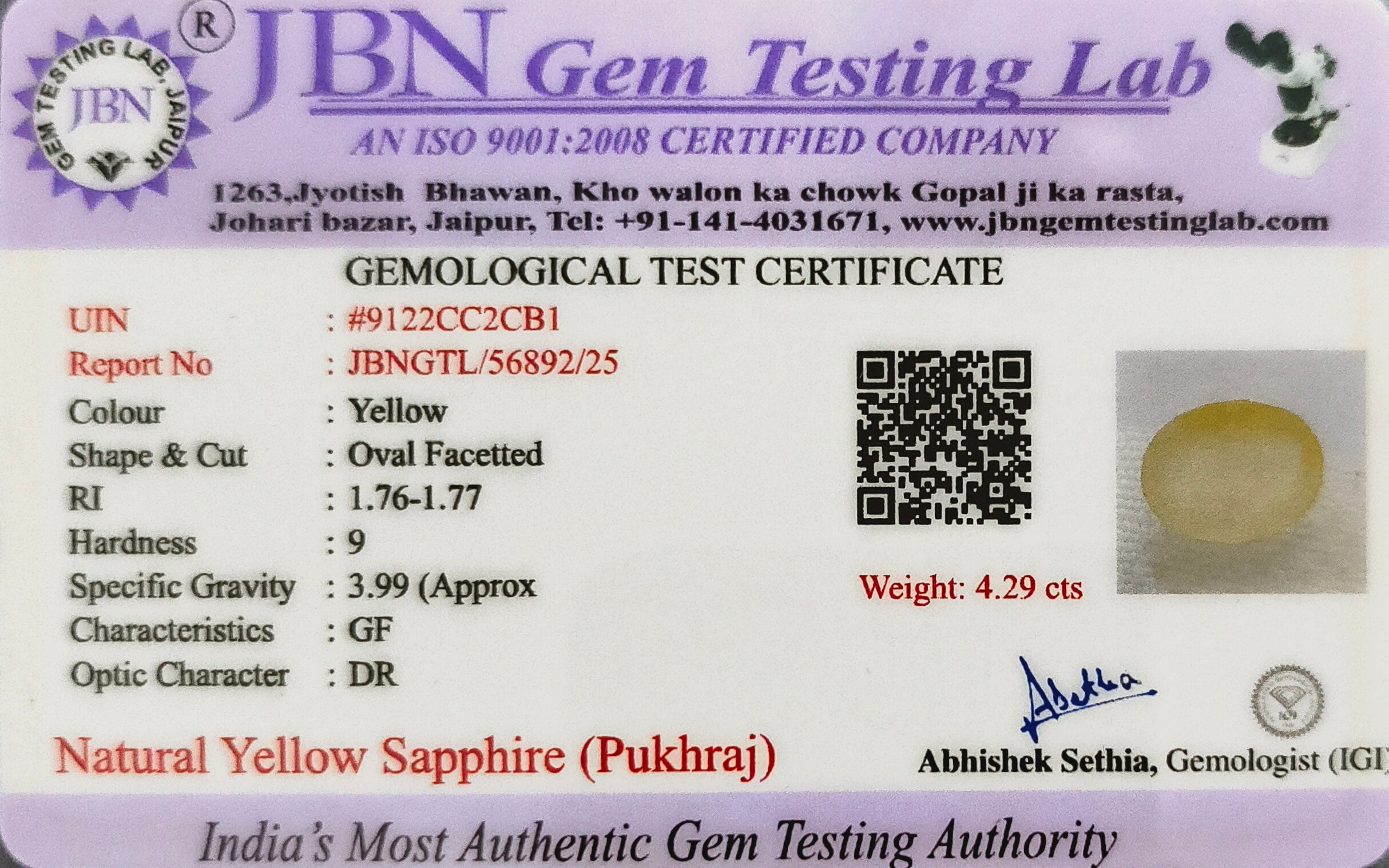 Bangkok Yellow Sapphire (Pukhraj) 4.29 Carat | Certified