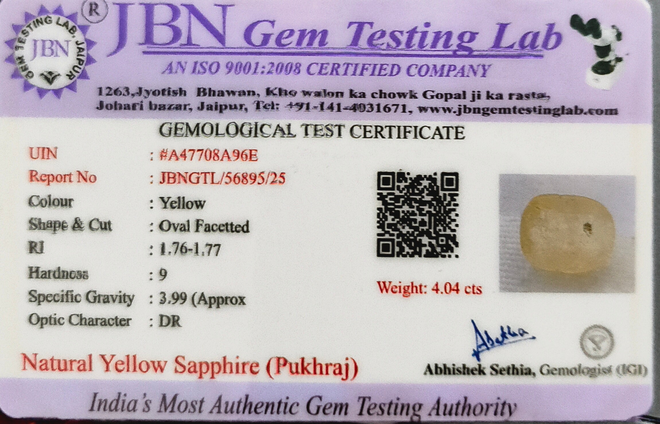 Natural Yellow Sapphire (Pukhraj) Ceylon 4.04 Carat Certified