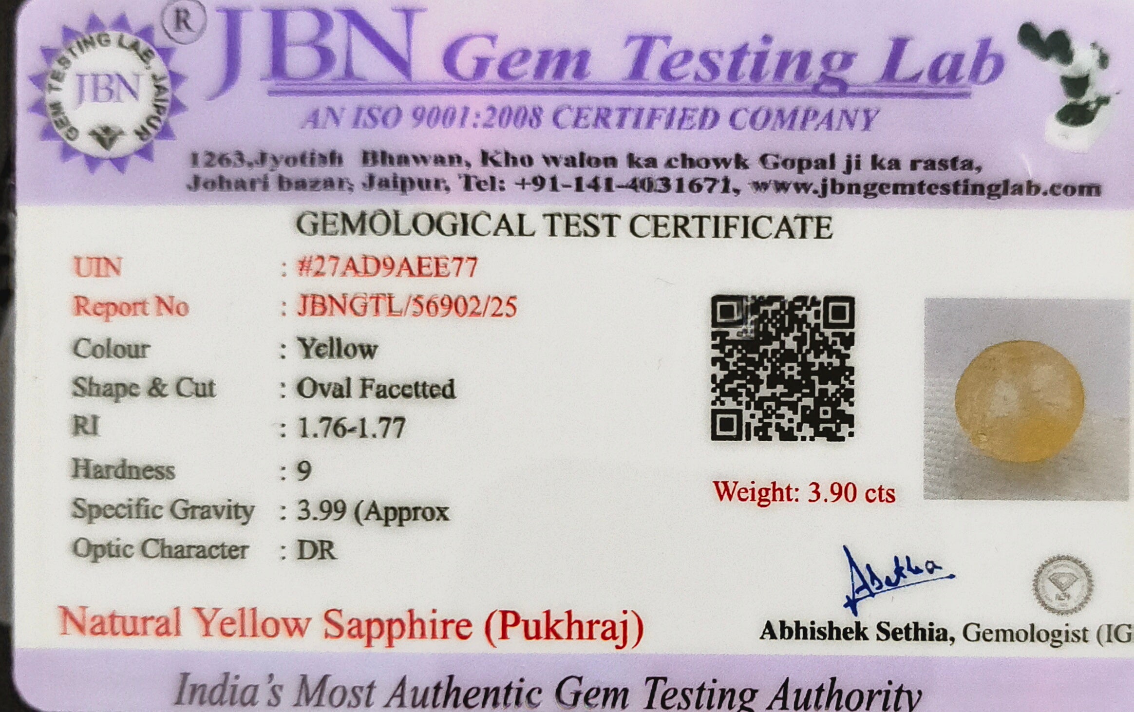 Natural Yellow Sapphire Ceylon (Pukhraj) 3.90 Carat Oval Faceted