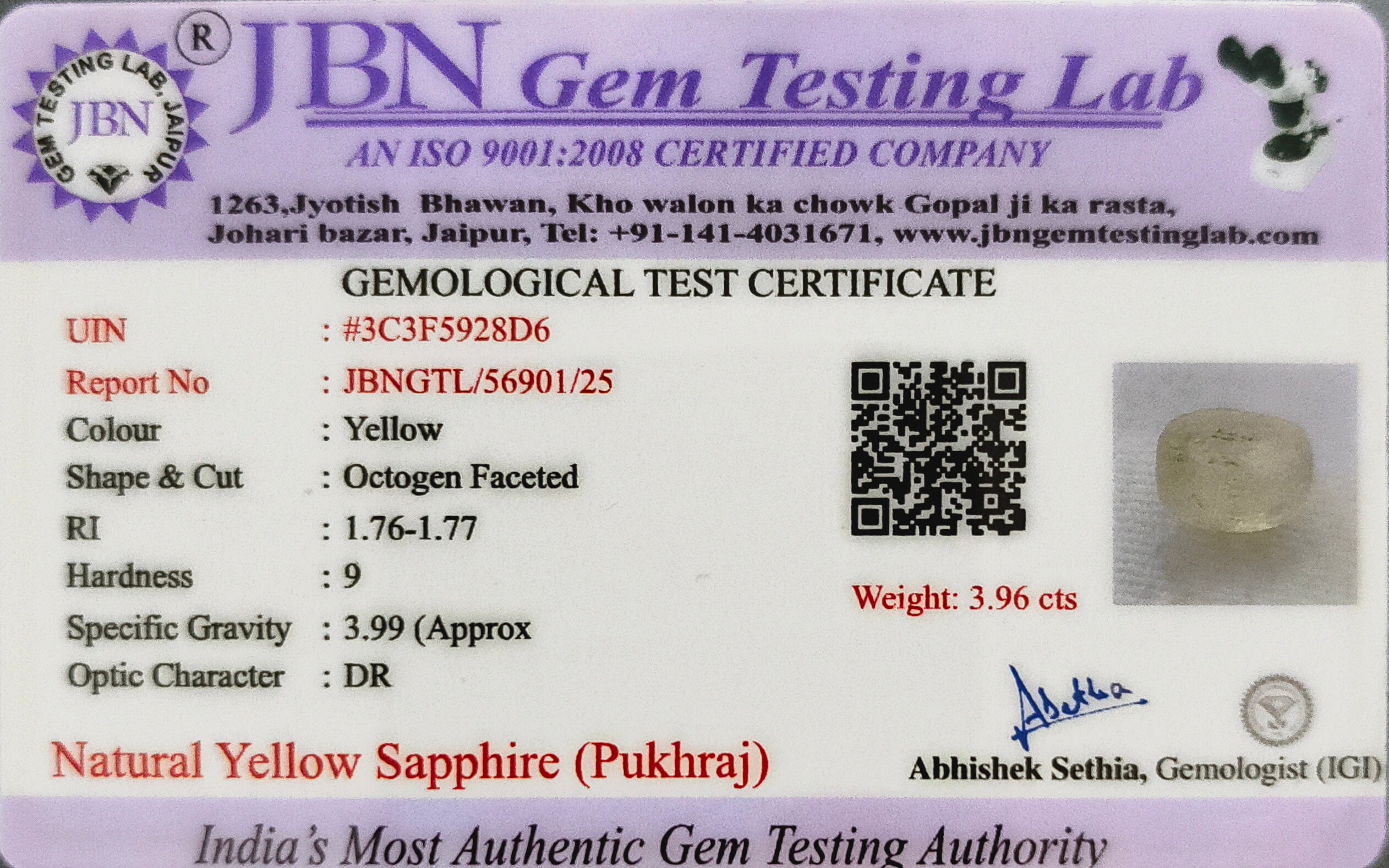 Natural Yellow Sapphire (Pukhraj) Ceylon 3.96 Carat Certified