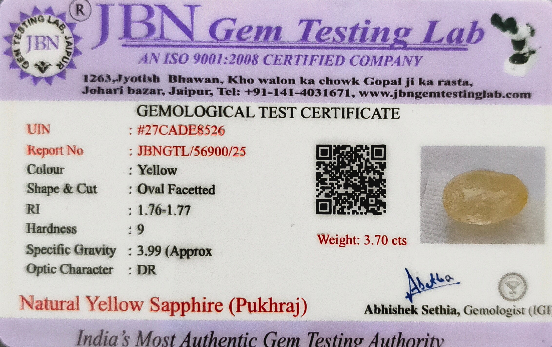 Natural Yellow Sapphire (Pukhraj) Ceylon 3.70 Carats Certified