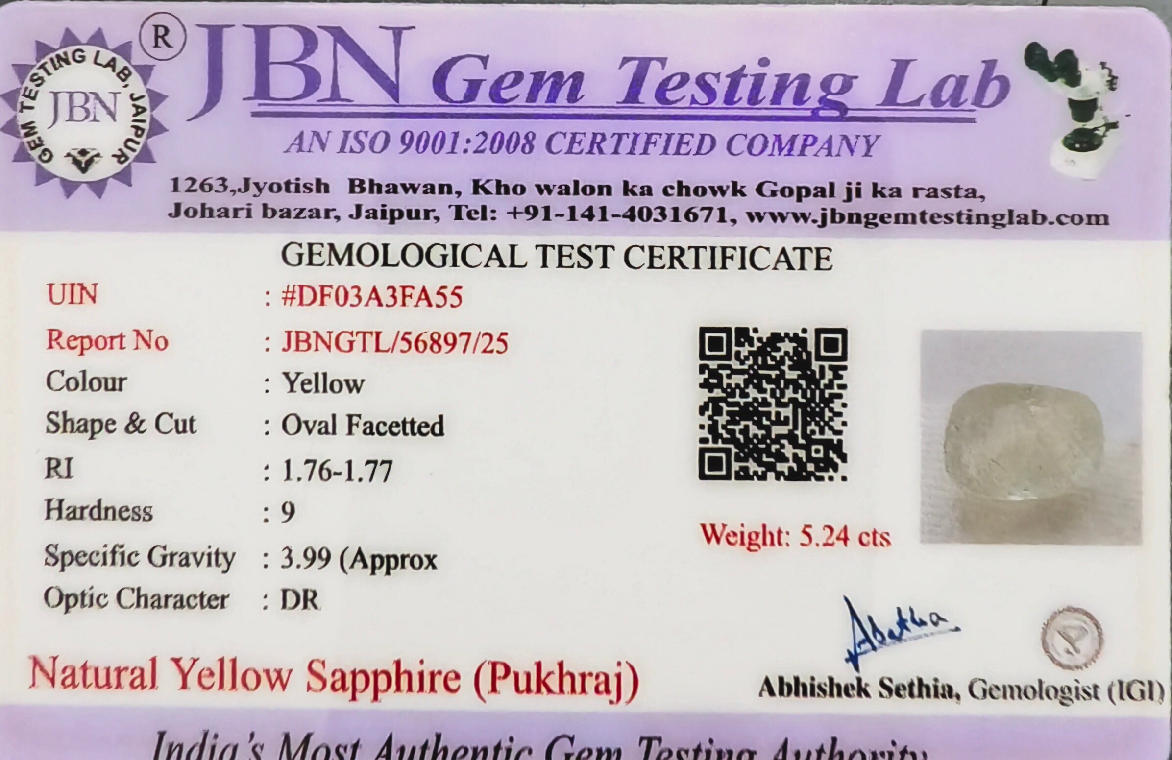 Natural Yellow Sapphire (Pukhraj) - 5.24 Carat Sri Lanka (Ceylon) Certified