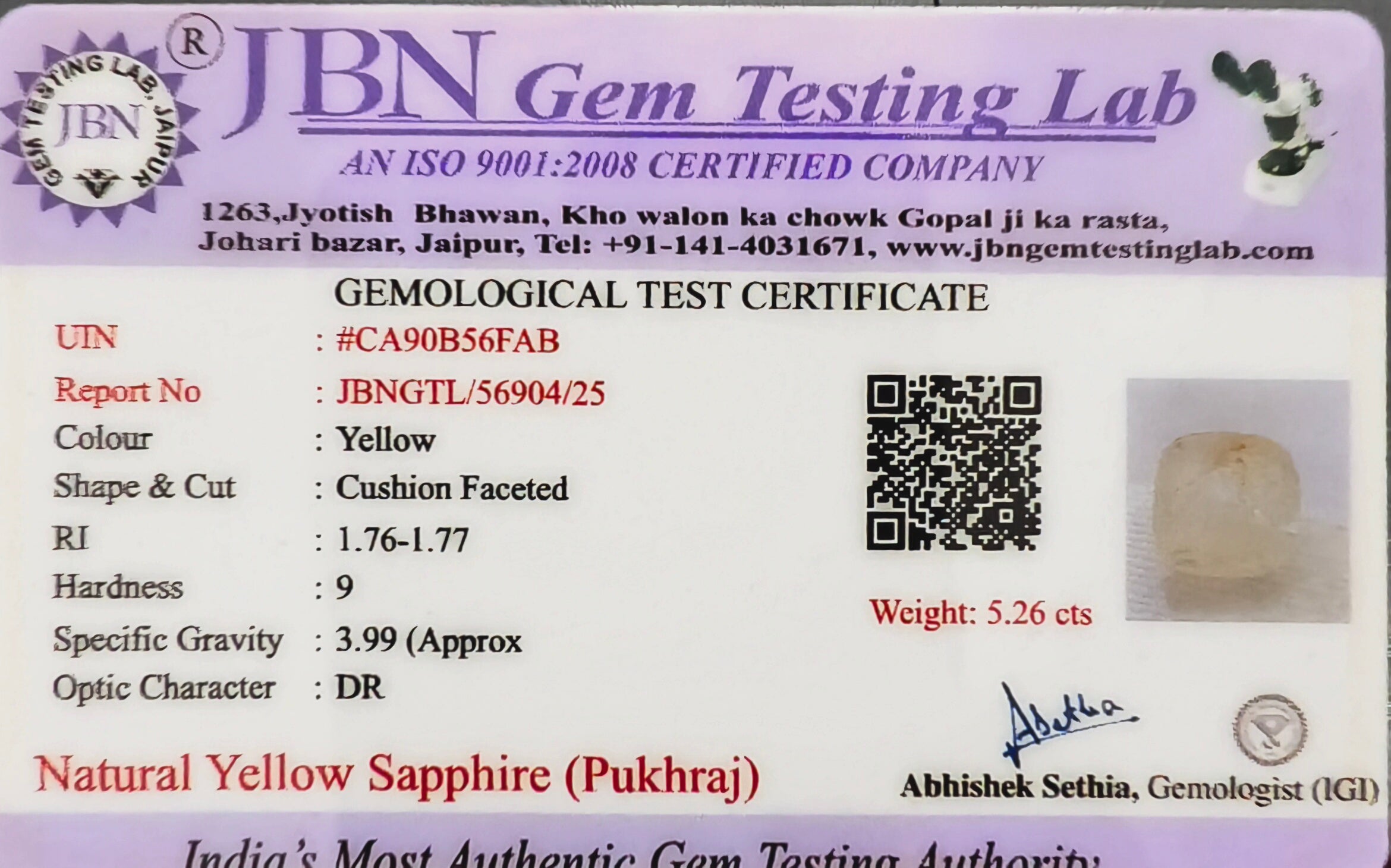 Natural Yellow Sapphire (Pukhraj) Sri Lanka (Ceylon) 5.26 Carat Certified
