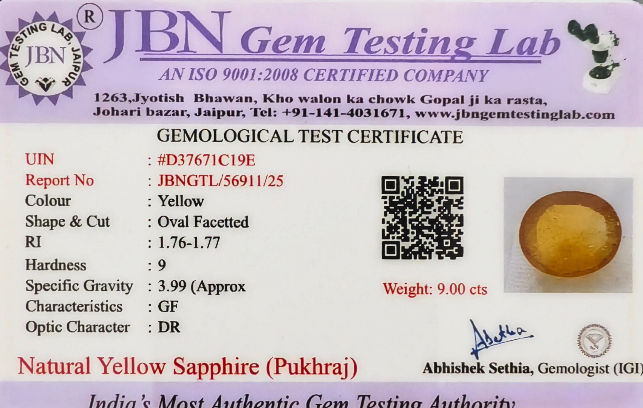 Bangkok Yellow Sapphire (Pukhraj) 9.00 Carats Certified