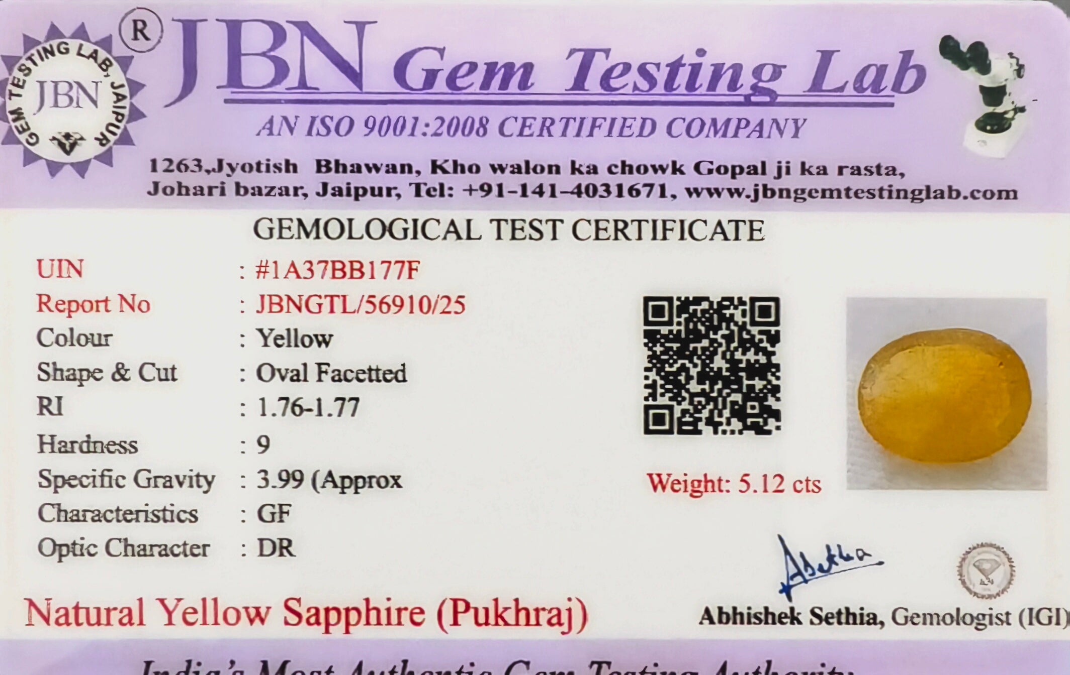 Bangkok Yellow Sapphire (Pukhraj) 5.12 Carats Certified Gemstone