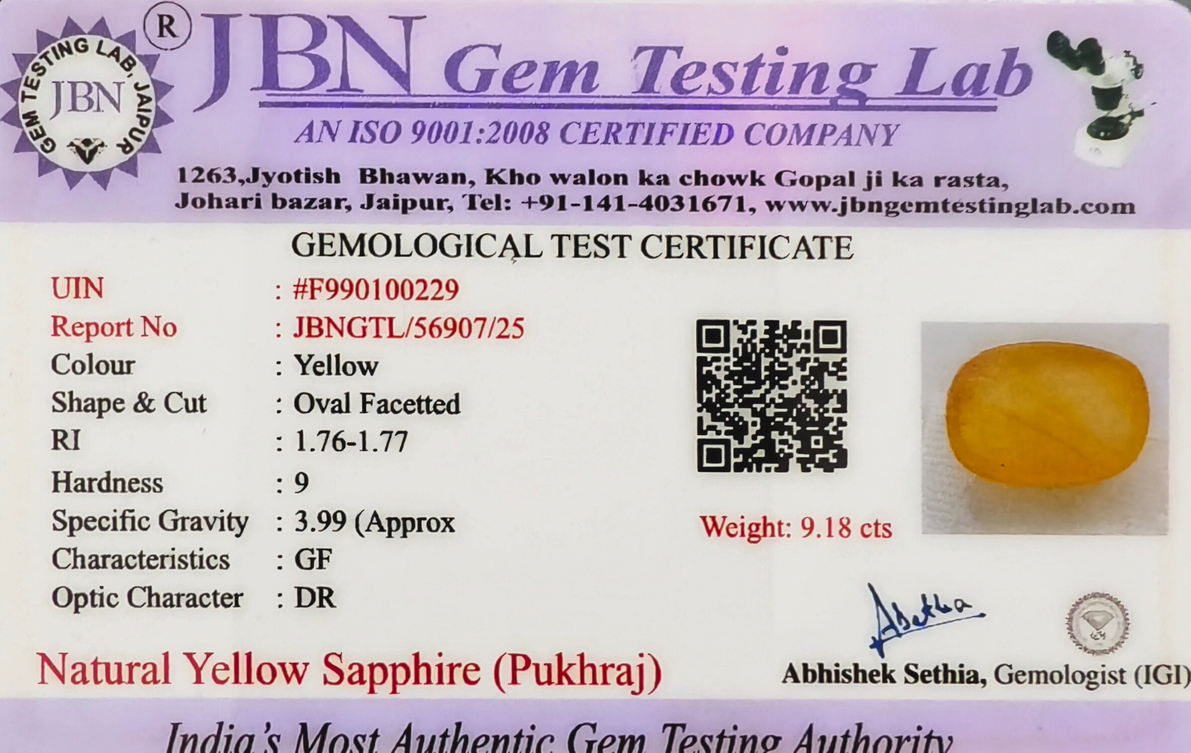 Bangkok Yellow Sapphire (Pukhraj) 9.18 Carats Certified