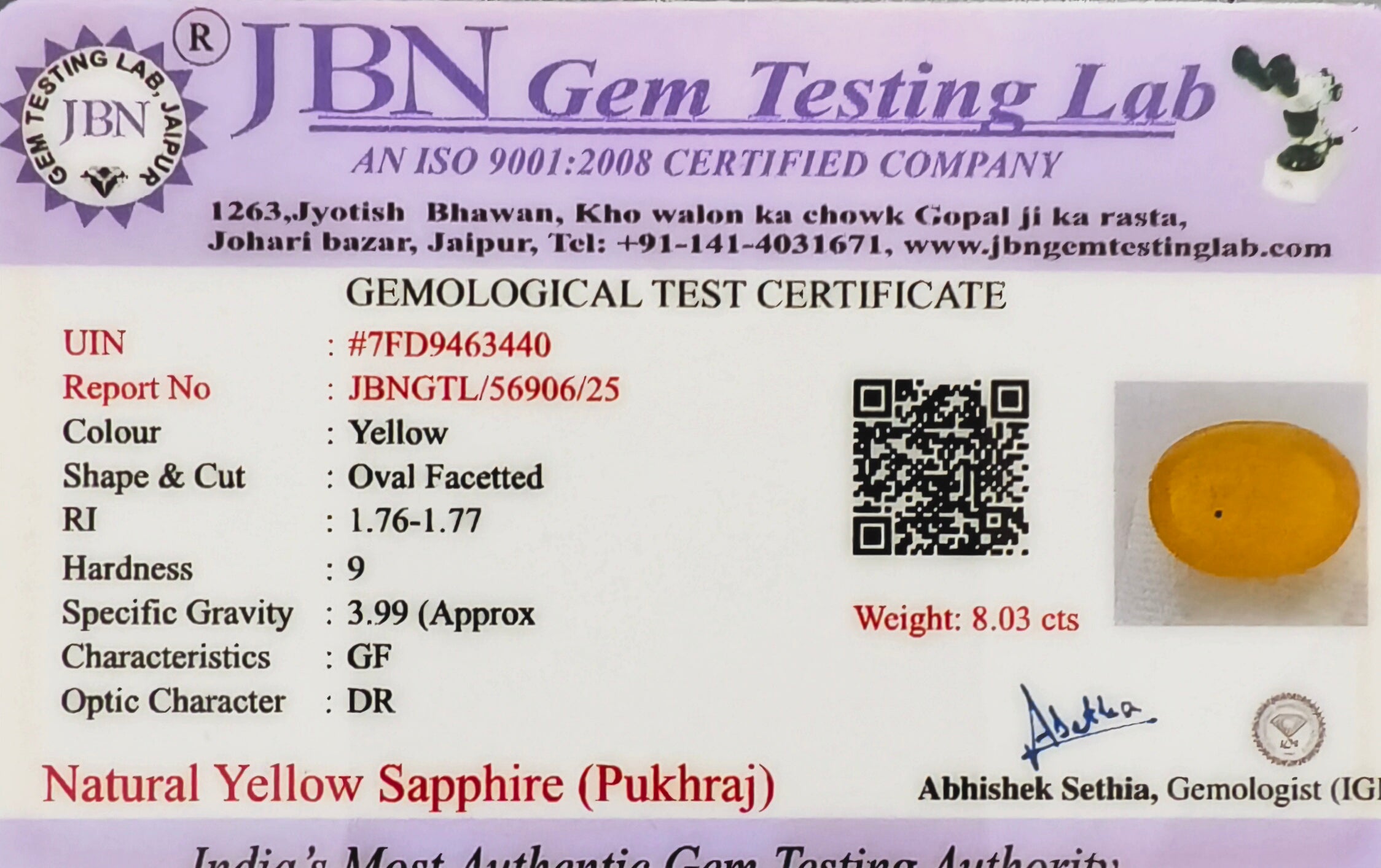 Bangkok Yellow Sapphire (Pukhraj) 8.03 Carat - Certified