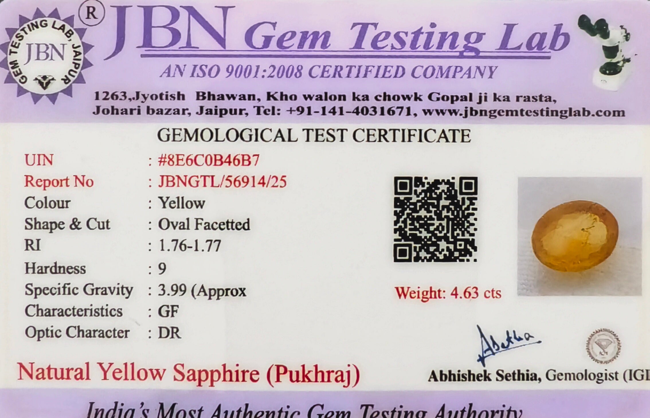 Bangkok Yellow Sapphire (Pukhraj) 4.63 Carat - Certified