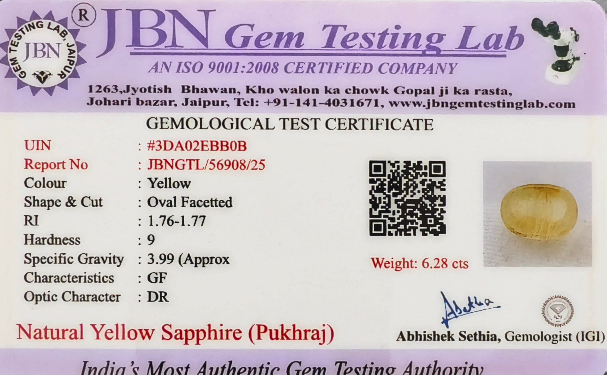 Bangkok Yellow Sapphire (Pukhraj) 6.28 Carats Certified