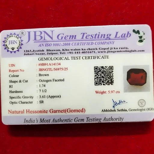 Natural Hessonite Garnet (Gomed) 5.97 Carat Certified