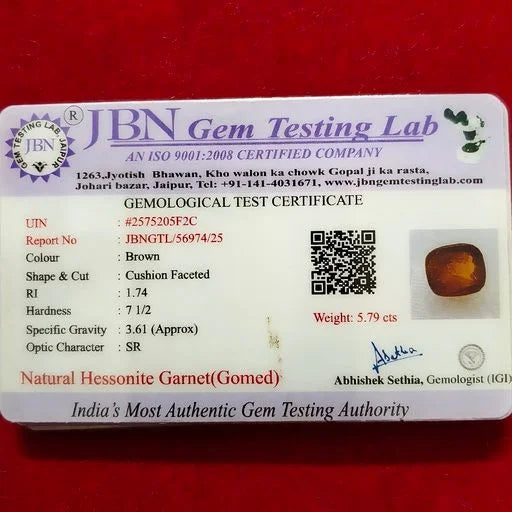 Natural Hessonite Garnet (Gomed) 5.79 Carat Certified