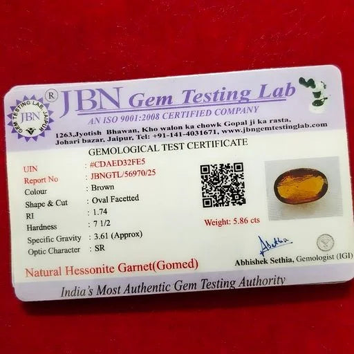 Natural Hessonite Garnet (Gomed) 5.86 Carat Certified