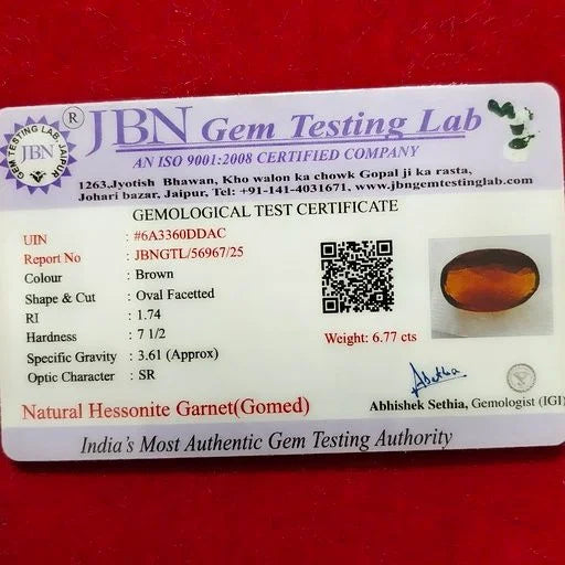 Natural Hessonite Garnet Gomed 6.77 Carat Certified Gemstone