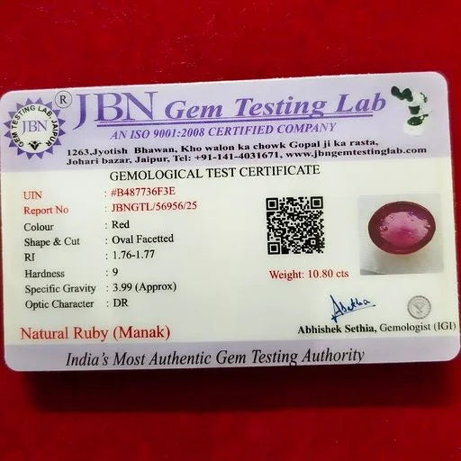 Natural Ruby (Manak) 10.80 Carats Certified Gemstone