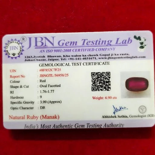 Natural Ruby (Manak) 6.90 Carat Certified Madagascar