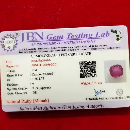 Natural Ruby (Manak) 5.20 Carat Certified Red Ruby