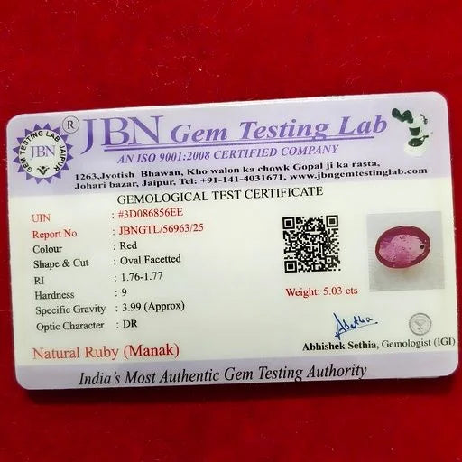 Natural Ruby (Manak) 5.03 Carat Certified Gemstone