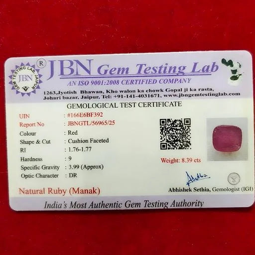 Natural Ruby (Manak) 8.39 Carats Certified | Buy Online