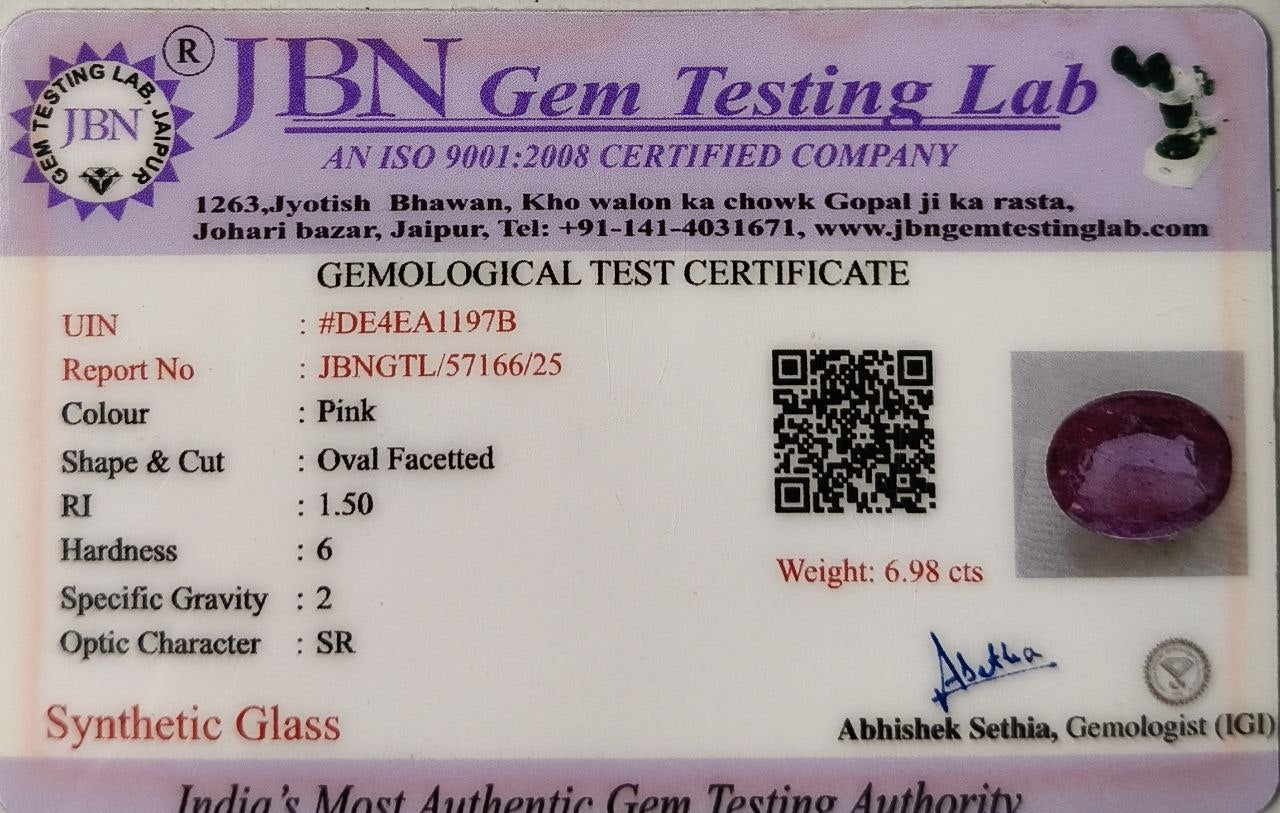 JBN Gem Testing Lab gemological test certificate with a pink gemstone and QR code.