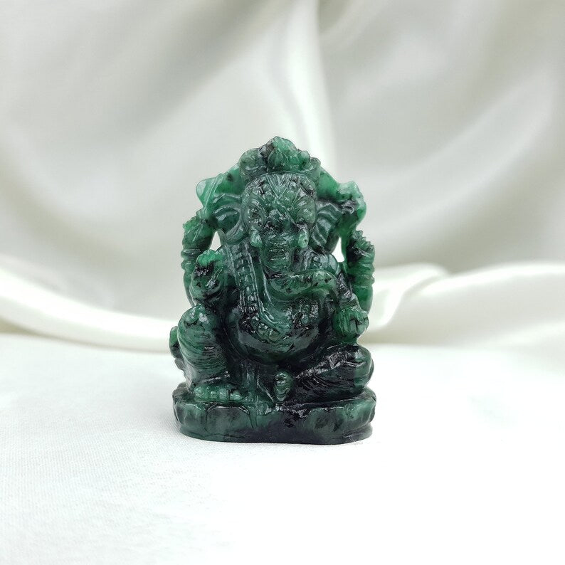 Emerald Ganesha Statue — Carved Gemstone Idol with Certificate